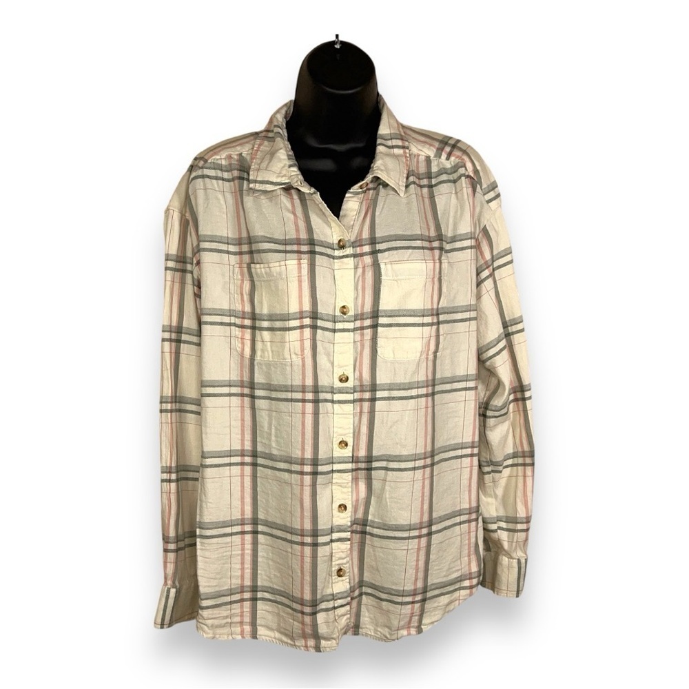 MEDIUM WONDERLY IVORY CREAM BLUE PINK PASTEL PLAID BUTTON FRON LONG SLEEVE TOP